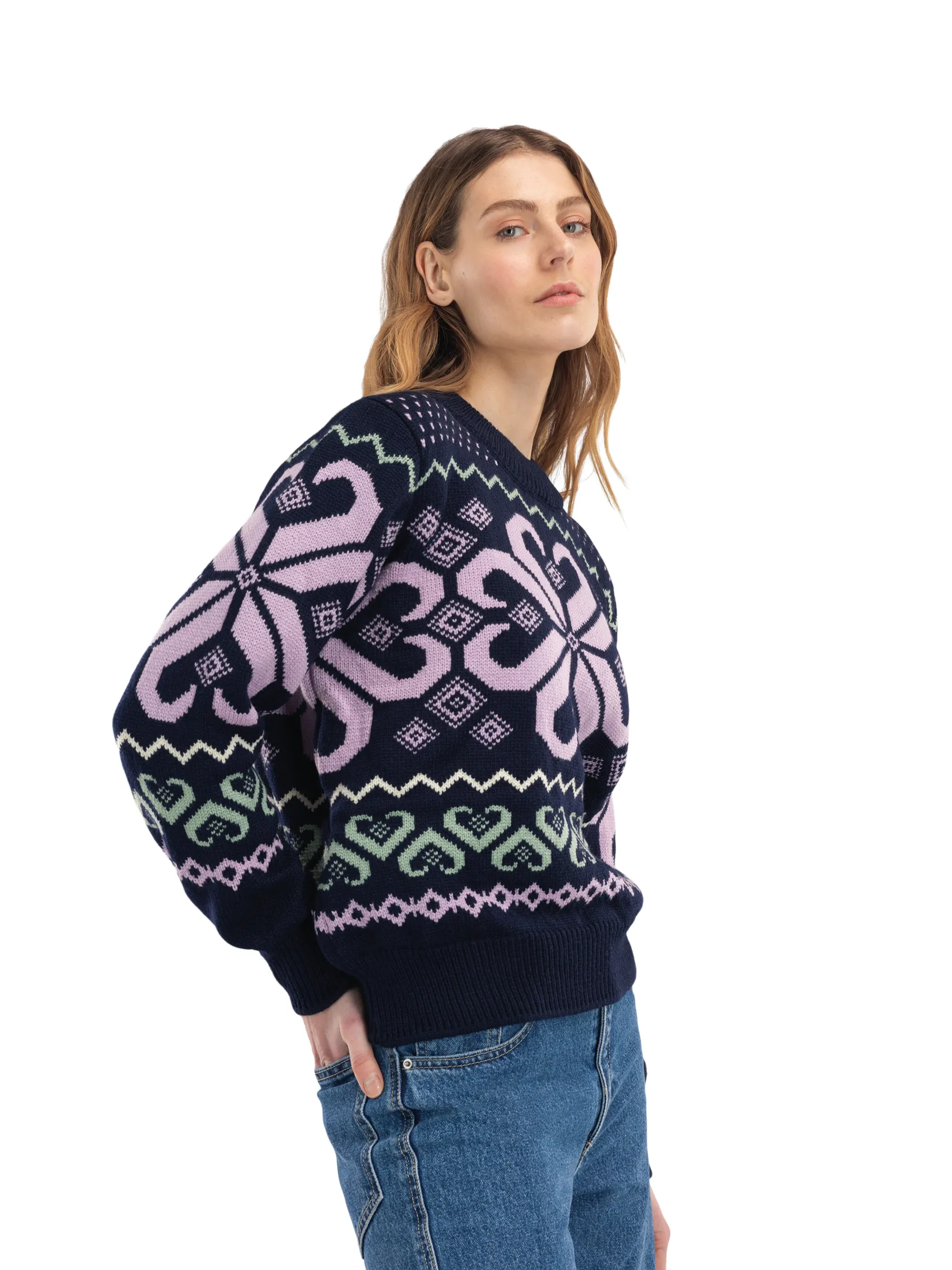 Dale of Norway Round Neck^Falkeberg Women's Sweater Navy Lavender Green Offwhite
