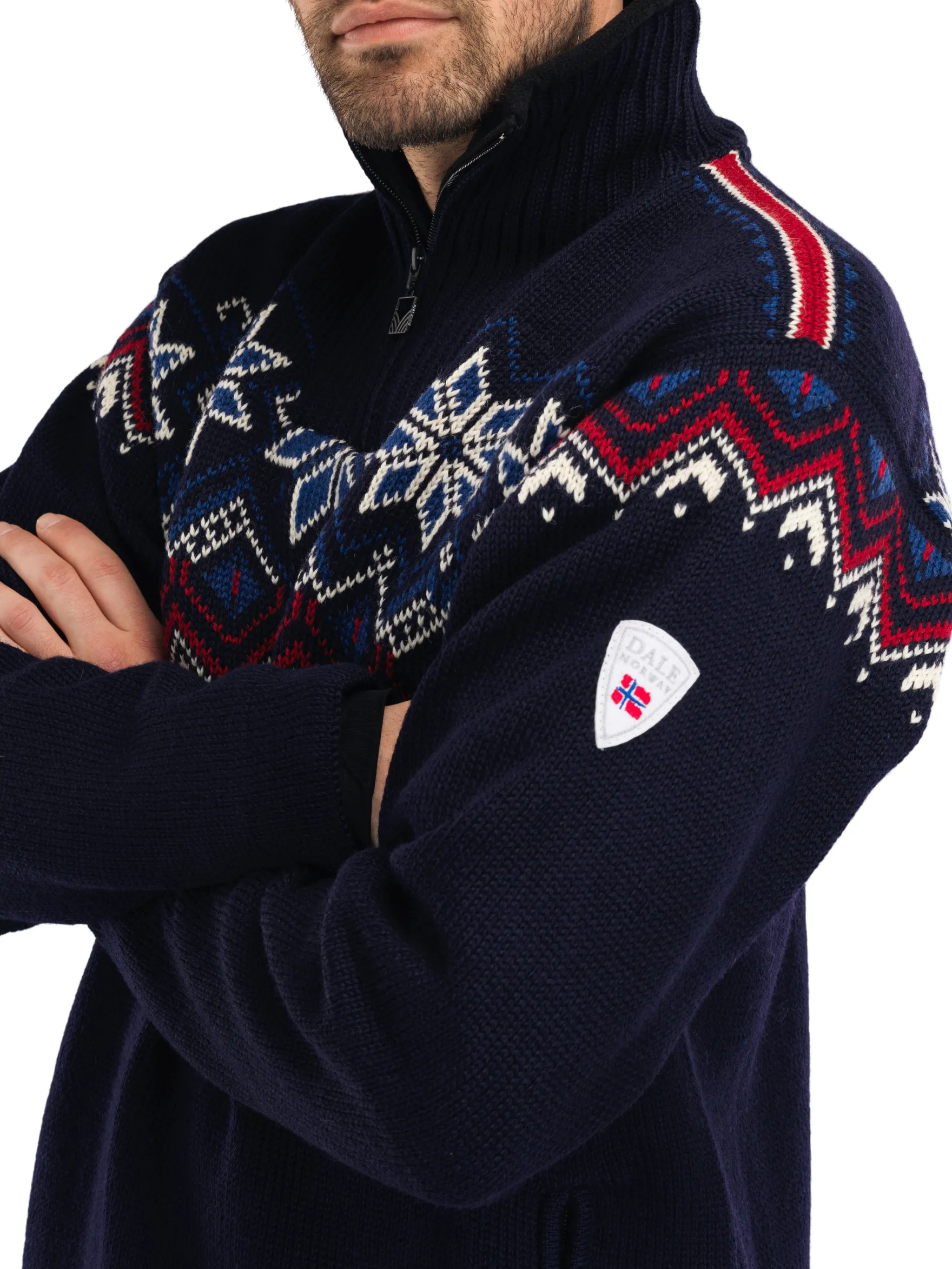 Dale of Norway Weatherproof^Fongen Weatherproof Men's Sweater - Norwegian Wool Navy Offwhite Redrose Indigo