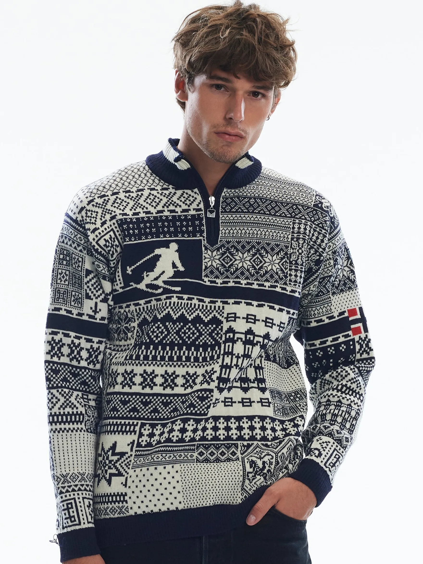 Dale of Norway Half-Zip^History Men's Sweater - Norwegian Wool Navy Offwhite Raspberry